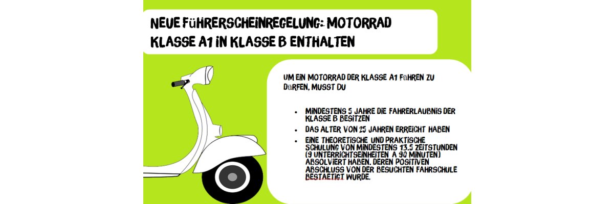 Neue Führerscheinregelung: Motorrad Klasse A1 in Klasse B enthalten - Neue Führerscheinregelung: Motorrad Klasse A1 in Klasse B enthalten
